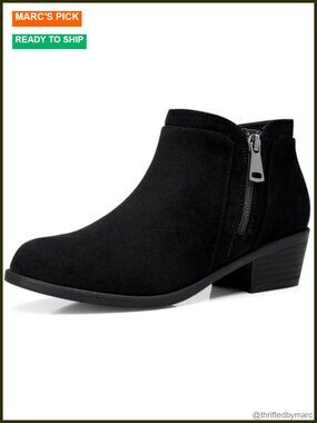 Women's Suede Ankle Boots Low Block Heel Side Zip Comfortable Booties